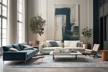 Close up details of a sleek, contemporary living room sofa, couch, pillows and accent mirror
