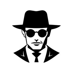 Silhouette of a mysterious man in a hat with a mustache in glasses. Retro style vector illustration of noir gentleman. Mafia icon symbol logo isolated on white background
