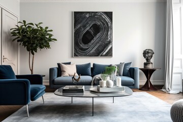 Fototapeta premium Close up details of a sleek, contemporary living room sofa, couch, pillows and accent mirror