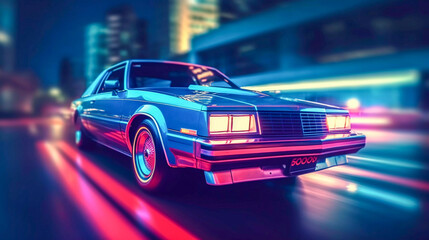 Retro Nights: Classic Sports Car Illuminates Miami Street in Retrowave Style, Generative AI