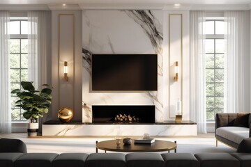 Close up details of a sleek, contemporary living room sofa, couch, pillows and accent mirror