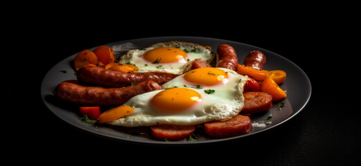 Fried Eggs with Sausages , Delicious Scrambled Eggs Isolated on Dark Background, Ai Generated Art.