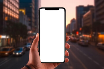 Smartphone mockup, smartphone with blank transparent screen on city background, generative AI. 