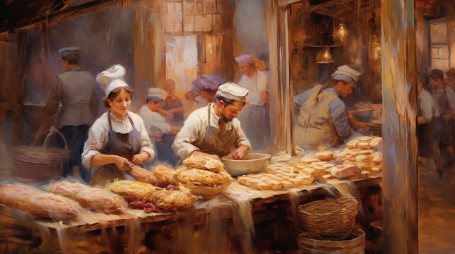 Digital oil painting of people working in the bakery and baking bread and pastries. Concept of fresh food and baker´s craft. Generative AI.