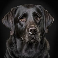 Studio shot with cute black labrador retriever dog portrait with the curiosity and innocent look as concept of modern happy domestic pet in ravishing hyper realistic detail by Generative AI.
