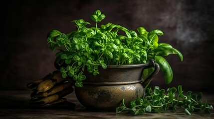 Obraz na płótnie Canvas Basil in a pot, fresh herbs with lemons, photo, AI generated