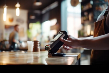 Close up of a waiter hand holding payment terminal in the coffee shop, blurred background. Cashless, contactless technology and money transfer concept