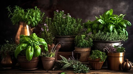 Basil in a pot, fresh herbs with lemons, photo, AI generated