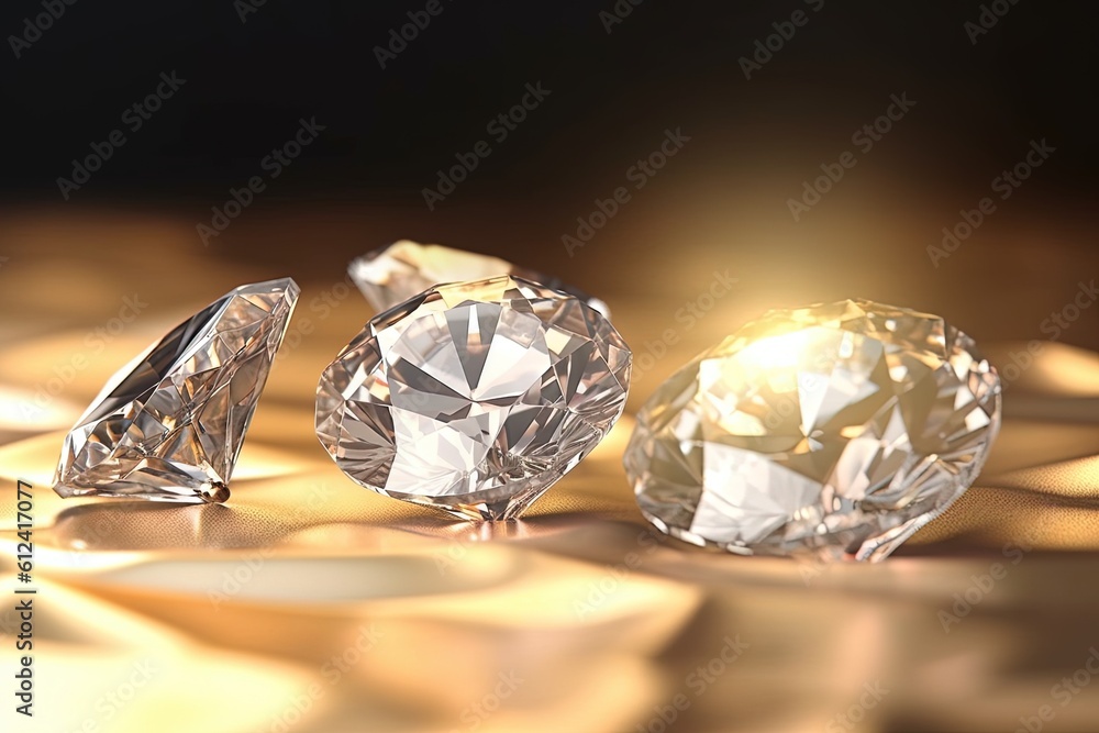Poster three diamonds sitting on top of a table next to a black background with a light shining on them and