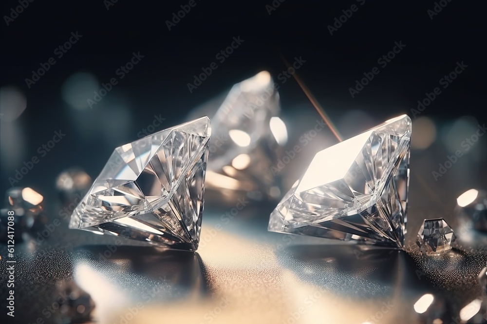 Aufkleber a close up of a pair of diamond earrings on a table with lights in the background and a black backgr