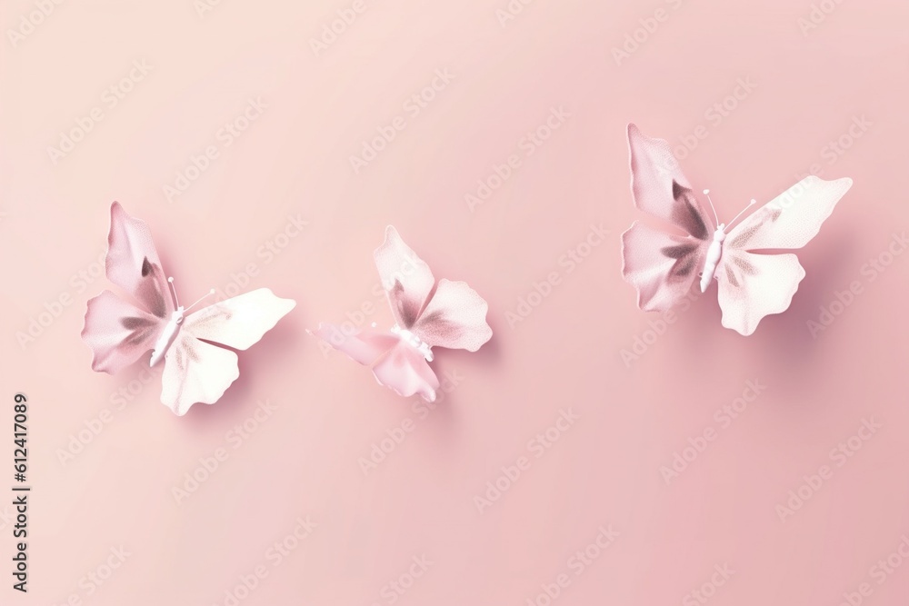 Poster three paper butterflies on a pink background with a place for the text or a picture to put on the ba