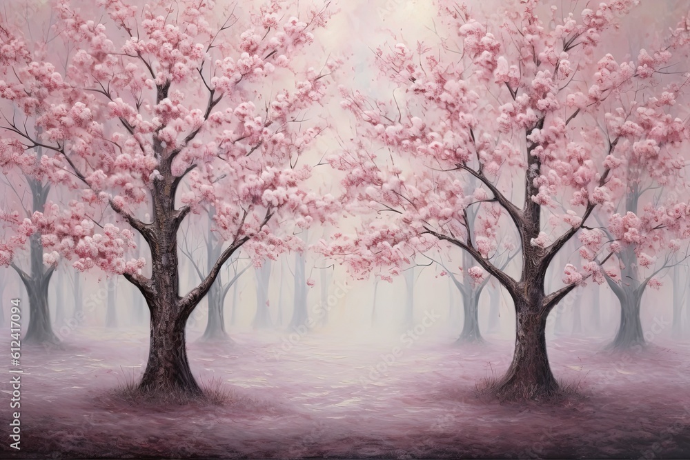 Poster a painting of a pink forest with trees in the foreground and a white sky in the background with a su
