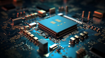 Fototapeta na wymiar Closeup of computer cell phone micro chips. electronic circuit Motherboard, AI generative