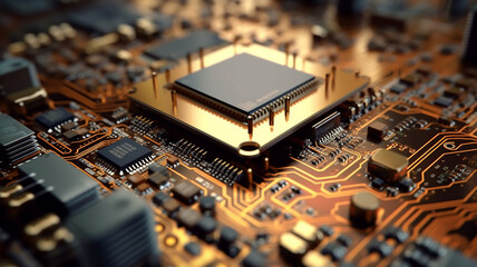 Fototapeta na wymiar Closeup of computer cell phone micro chips. electronic circuit Motherboard, AI generative