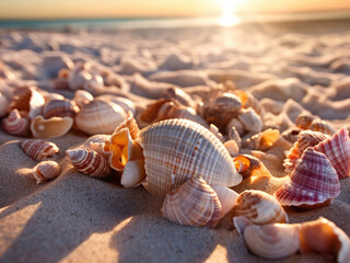 Fototapeta na wymiar Sea shells on the sand lit by the sun in summertime