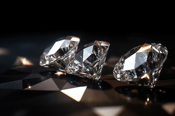  three diamonds on a shiny surface with reflections on the surface and a black background with a reflection of the diamond on the surface of the image.  generative ai