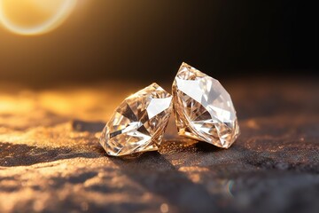  two diamond earrings sitting on a table in the sun with a blurry light in the back ground behind them and a bright spot in the middle of the background.  generative ai