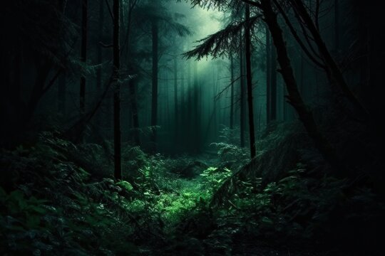  a dark green forest with a path through the woods and a bright light coming from the tree branches on the right side of the path.  generative ai