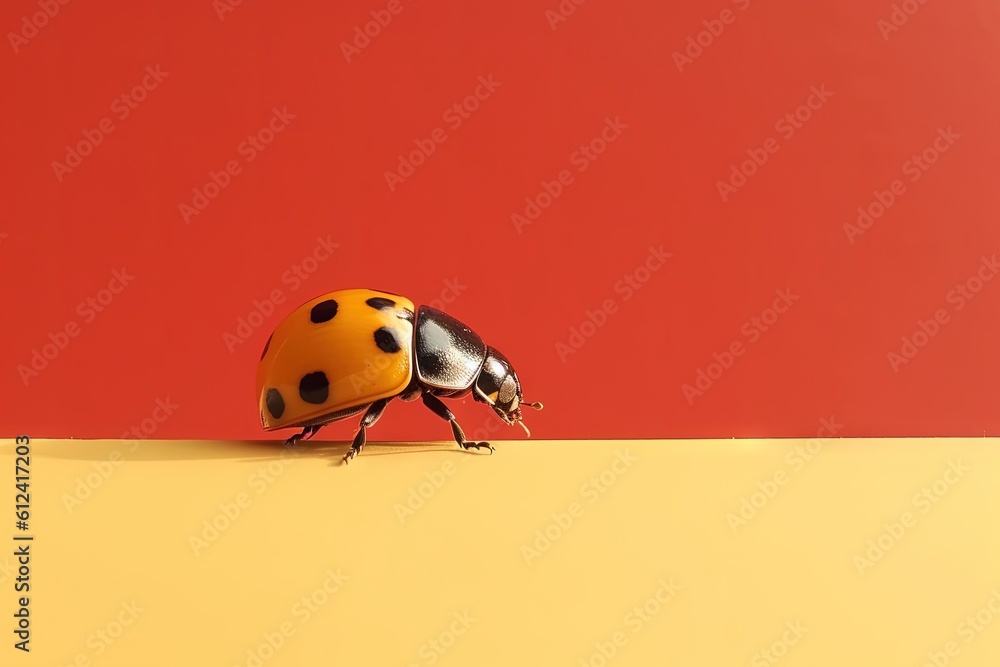 Poster a ladybug on a yellow and red surface with a red background and a yellow strip below it, with a red 