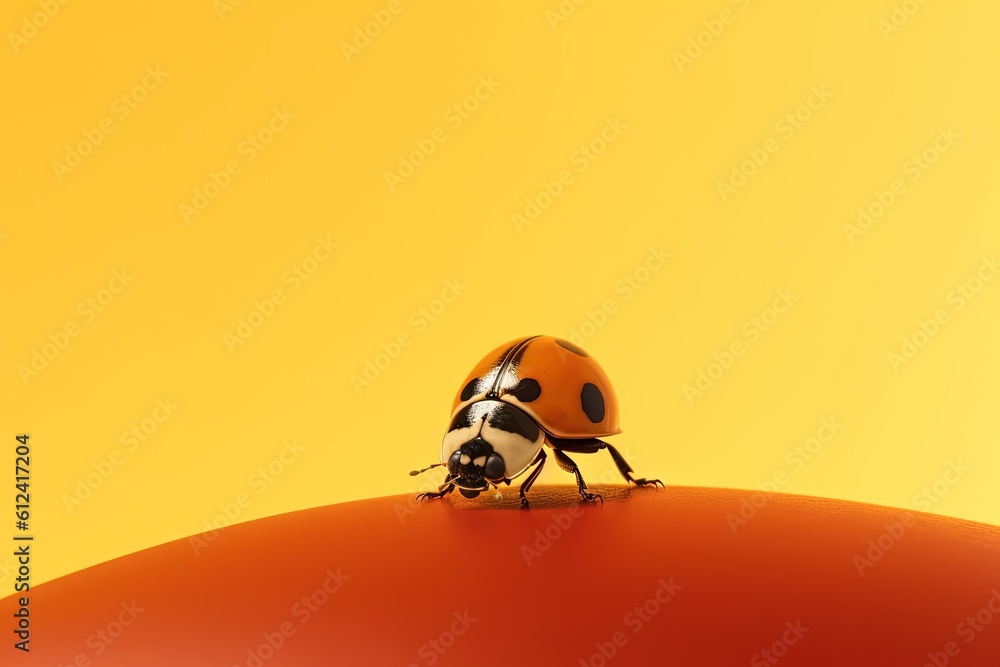 Poster a ladybug sitting on top of a red object in the middle of a yellow background with a black and white