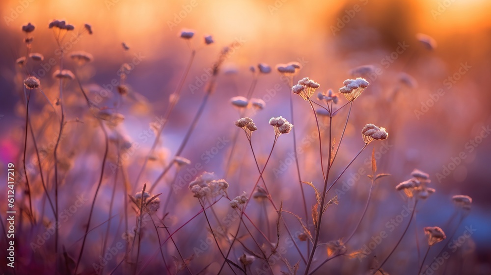 Poster a bunch of flowers that are in the grass with a blurry background of the grass in the foreground and