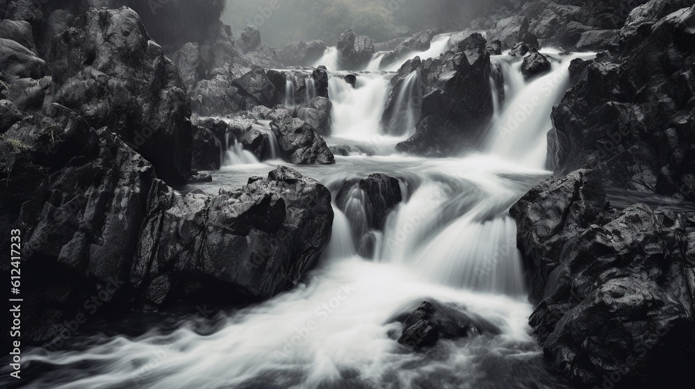 Poster a black and white photo of a waterfall in a forest with rocks and water flowing down it's sides and 