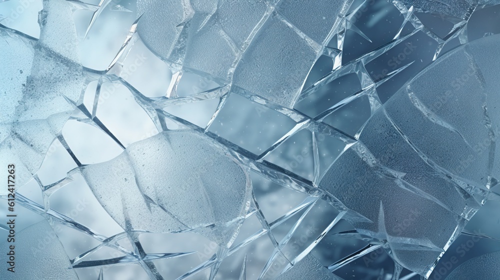 Poster a close up of a broken glass window with a blue background the glass pieces are scattered across the