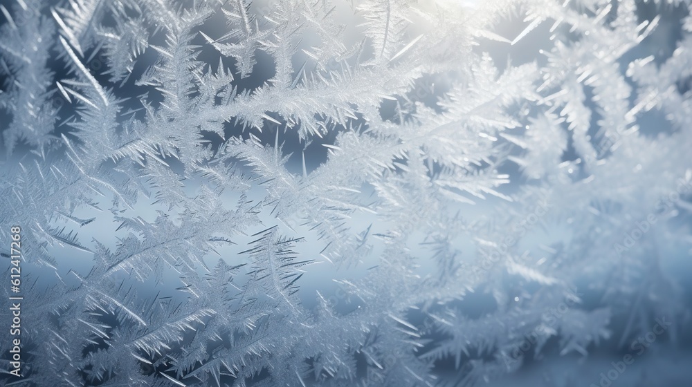 Poster a close up of a frosted window with a sun shining through it and a blurry background of snow flakes 
