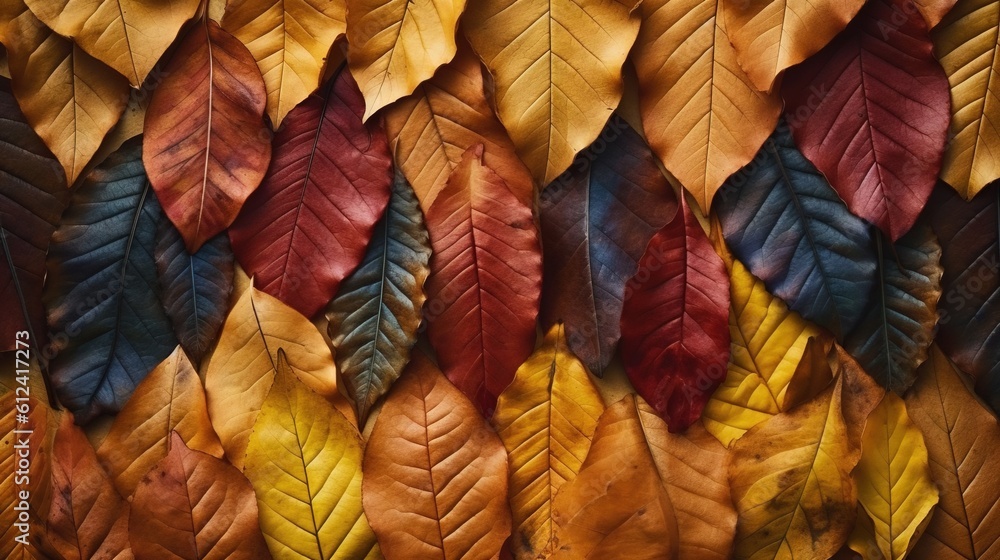 Poster  a close up of a bunch of leaves with different colors on it's leaves are arranged in a row on a wall with a black background.  generative ai