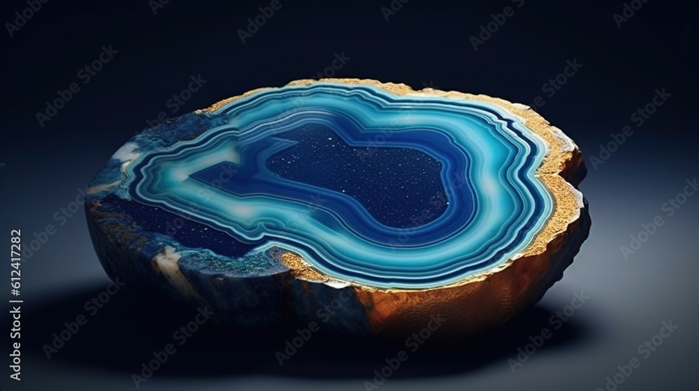 Poster a blue agate slice on a black background the agate has a unique pattern of blue and white swirls, cr