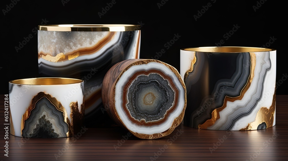 Poster a group of three cups sitting on top of a wooden table next to a slice of cake on top of a table nex