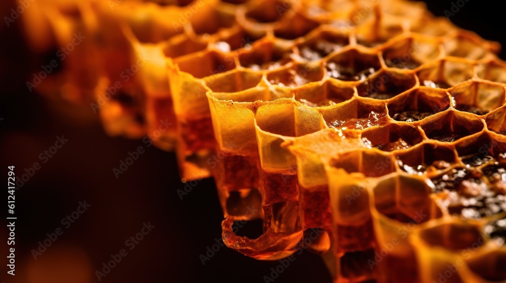 Poster a close up of a honeycomb with honey syrup on it's sides and honey in the middle of the honeycomb, w