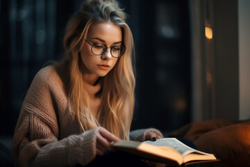 Blonde woman in cozy pullover sitting on a couch and reading a book. Generative Ai