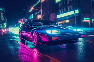 Obraz na płótnie Canvas Retro Nights: Classic Sports Car Illuminates Miami Street in Retrowave Style, Generative AI