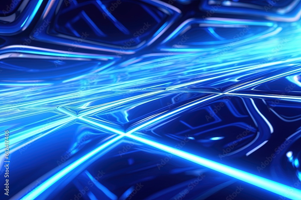Poster a blue abstract background with lines and shapes in the middle of it and a blue light shining throug