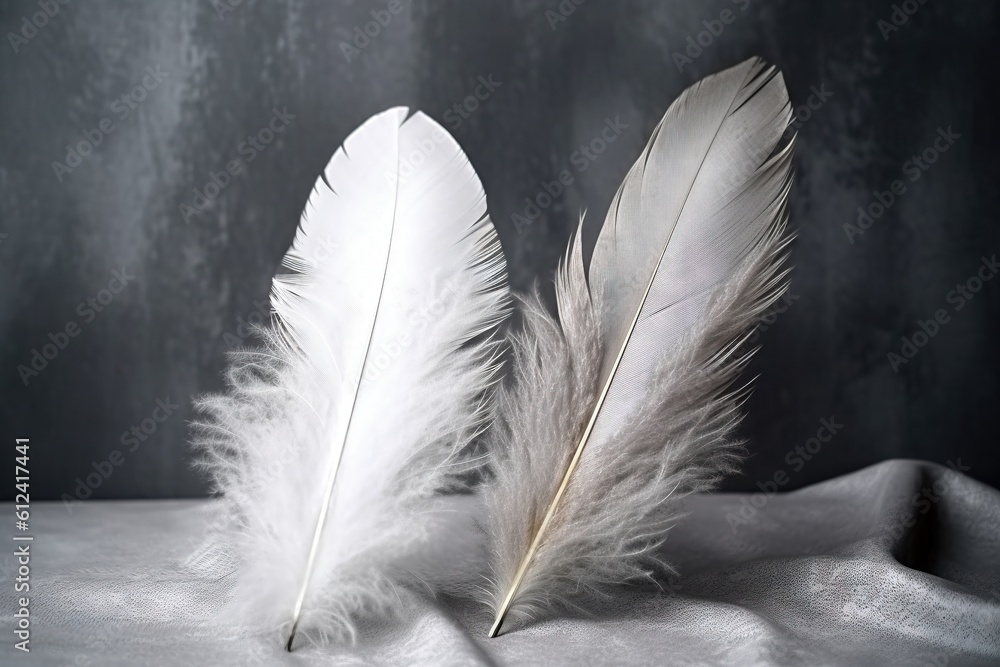Poster two white feathers are on a white cloth on a black background with a gray background behind it and a