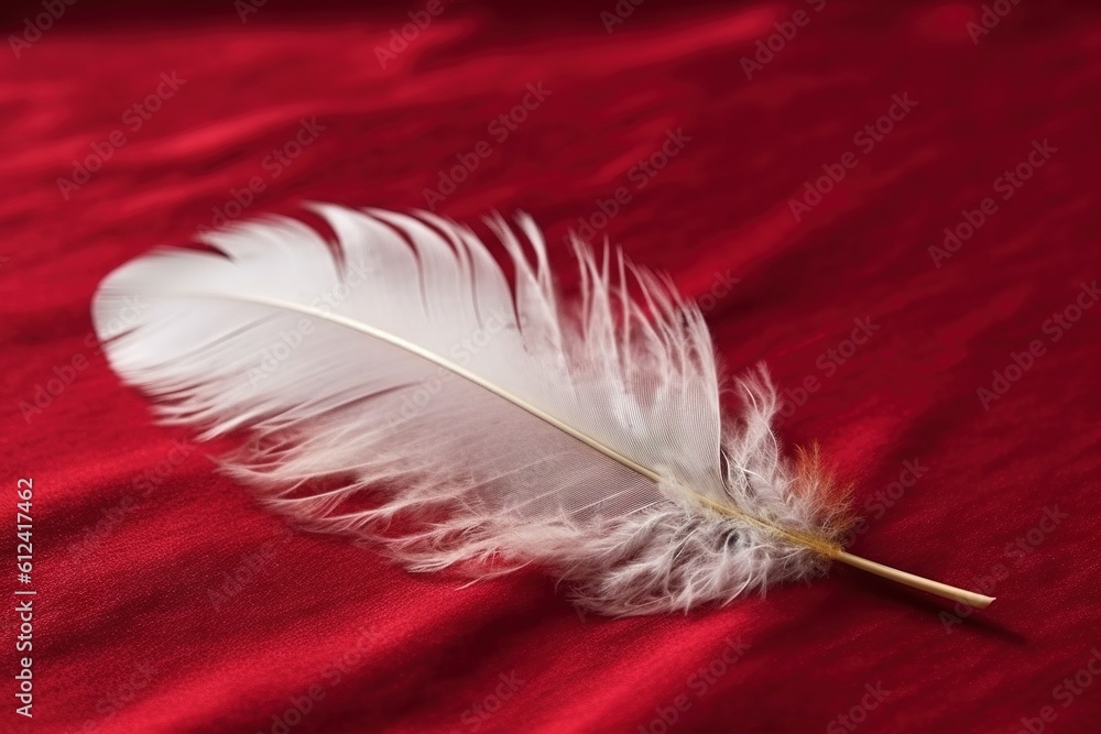 Poster a white feather resting on a red cloth with a wooden stick sticking out of it's center, on a dark re