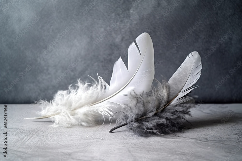 Poster a white and black feather on a white surface with a gray background and a black and white feather on