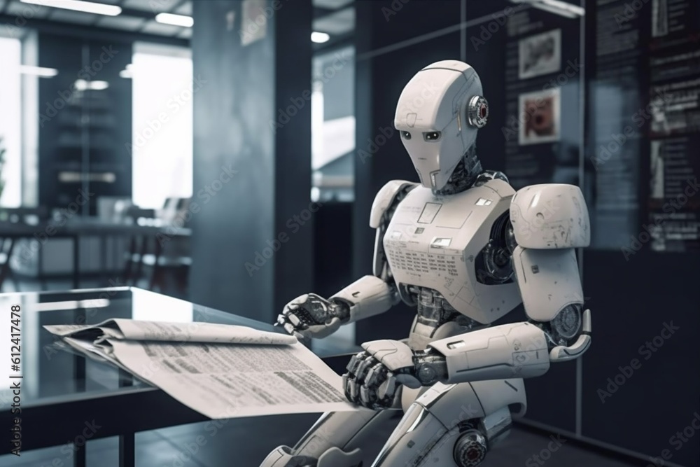 Poster hand technology office laptop paper ai digital robot artificial document. generative ai.