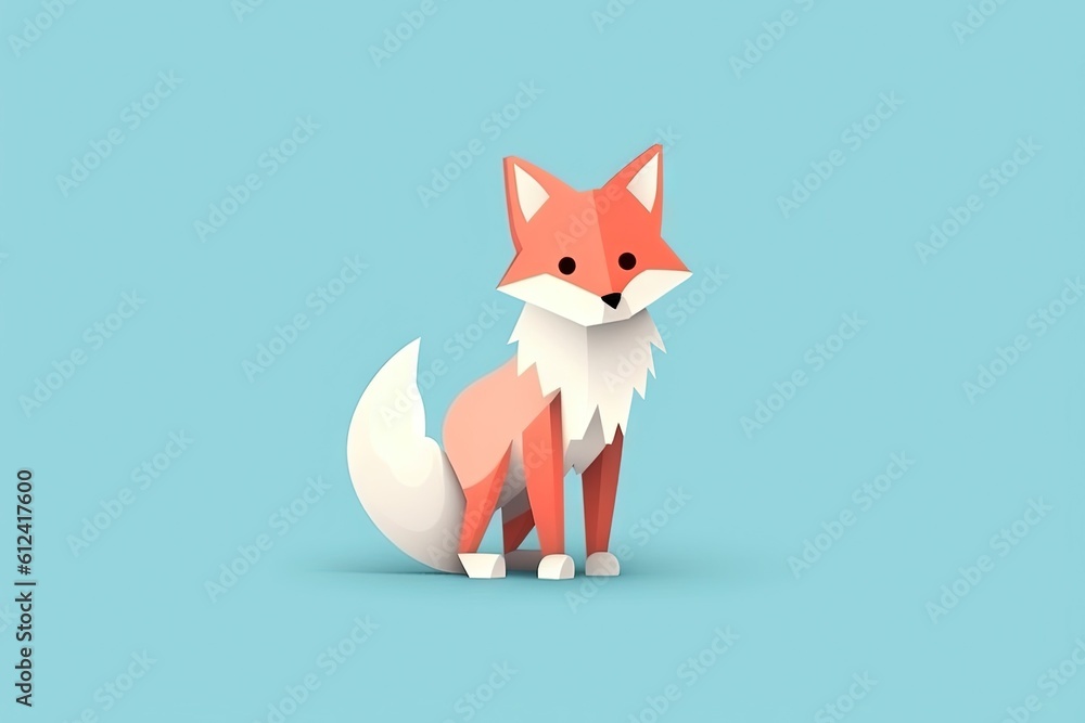 Poster a red fox sitting on top of a blue background with a shadow of its head on it's side and a shadow of