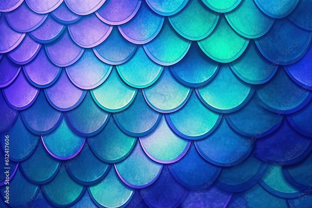 Poster a blue and purple background with a fish scale pattern on it's side and a blue background with a fis