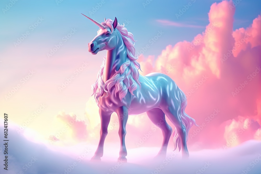 Aufkleber a unicorn standing in the clouds with a pink and blue sky in the background and clouds in the foregr