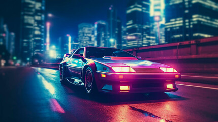 Retro Nights: Classic Sports Car Illuminates Miami Street in Retrowave Style, Generative AI