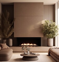 Modern living room design, comfortable sofa with textures and modern furniture next to fireplace