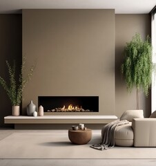 Modern living room design, comfortable sofa with textures and modern furniture next to fireplace