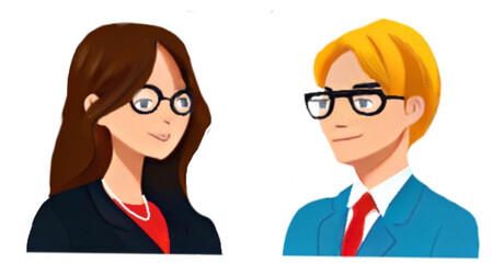 business man and woman - elegant man and woman talking - stylized drawing - icon - ideal for website, email, presentation, advertisement, label, sticker, postcard, ticket, logo, slide, print