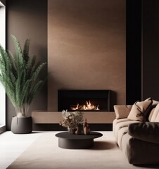 Modern living room design, comfortable sofa with textures and modern furniture next to fireplace