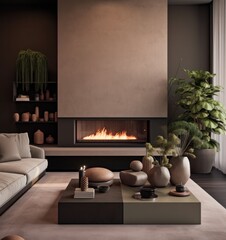 Modern living room design, comfortable sofa with textures and modern furniture next to fireplace