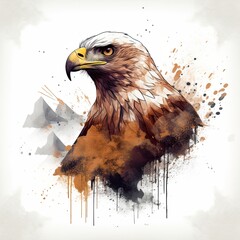 Eagle on a white background with mountains in the background in dark white and amber colors. Generative AI
