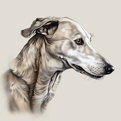 Illustration of a drawing of a greyhound in light gray and beige tones, hand-painted details. Generative AI